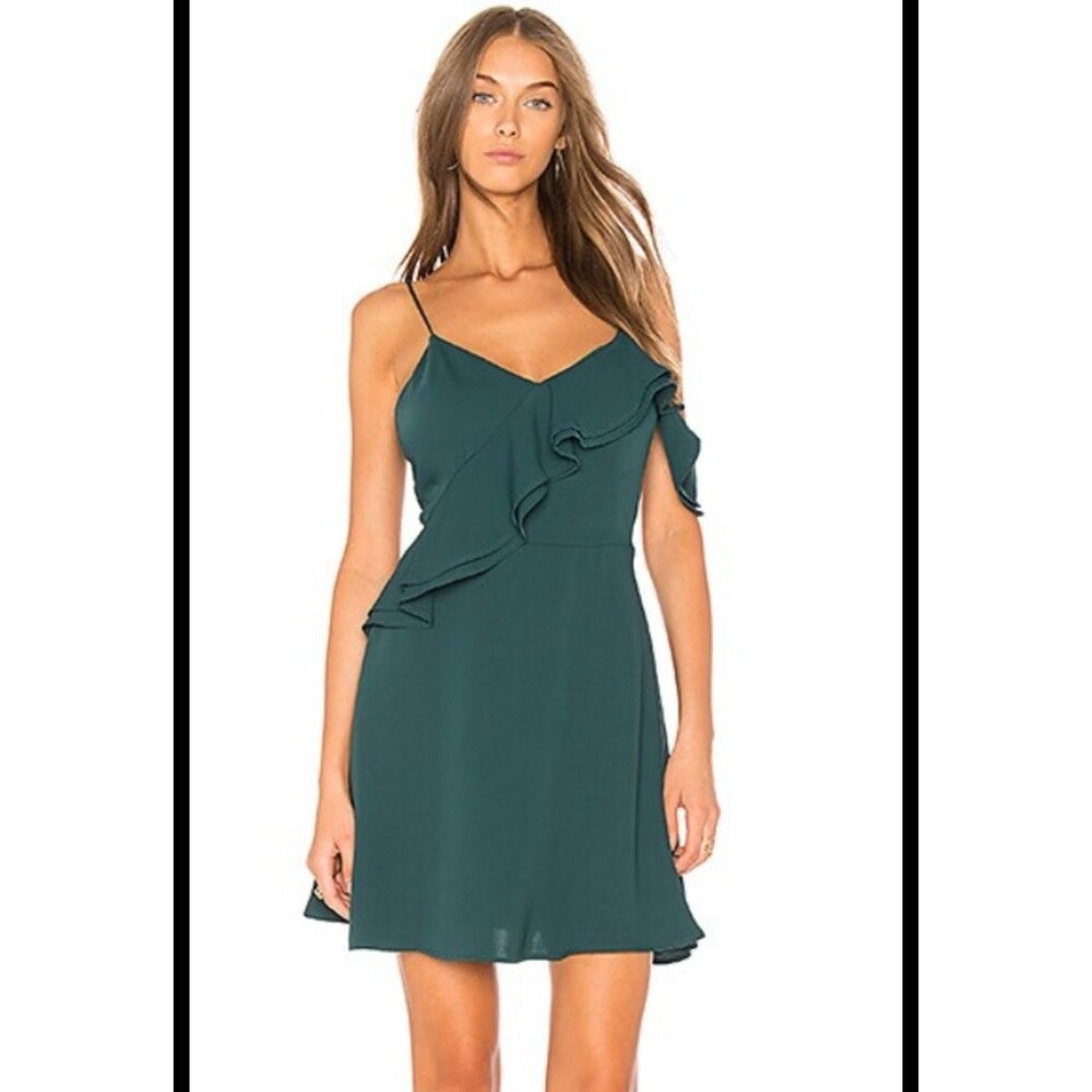 J.O.A Los Angeles One Shoulder Ruffle Dress Hunter Green Fit Flare Mini Women L